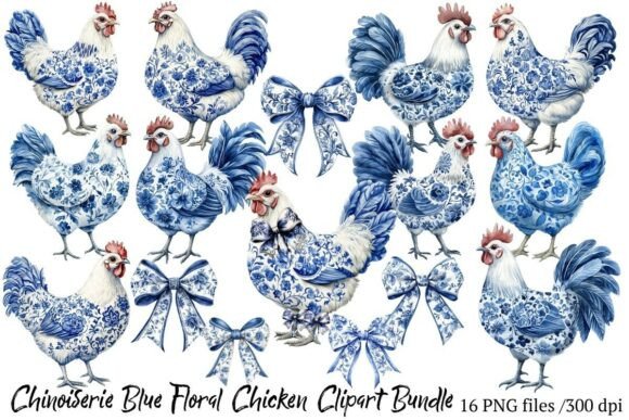 Download Chinoiserie Blue Floral Chicken Clipart - Premium Resources